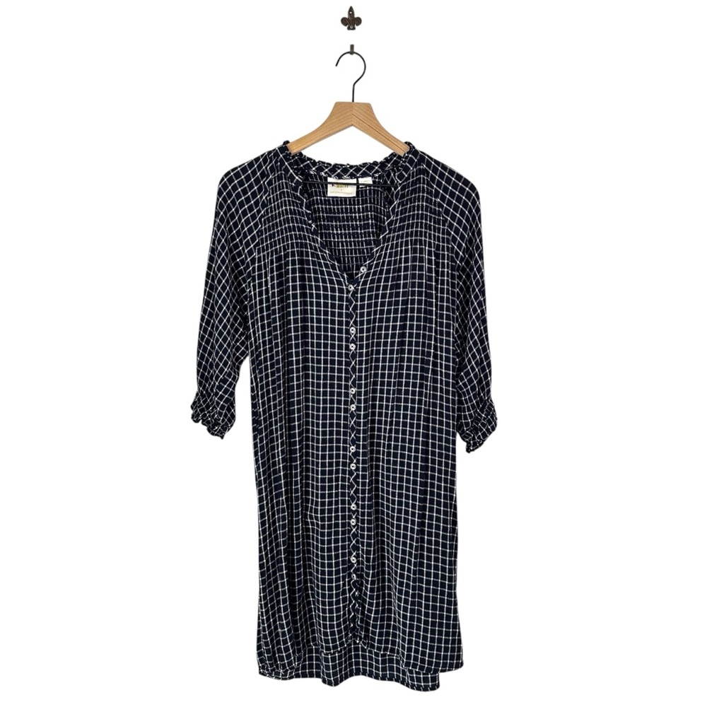Anthropologie Maeve Sara‎ Smocked Shirt Dress Navy Blue Plaid Button Down XS - Picture 2 of 13